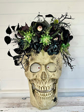 Load image into Gallery viewer, Animated 36x24&quot; Skull Porch Decor | Motion-Sensor Lights and Music | Black Roses &amp; Velvet Vines | Spooky Halloween Accent-TCT1678