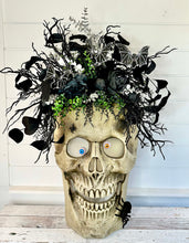 Load image into Gallery viewer, Animated 36x24&quot; Skull Porch Decor | Motion-Sensor Lights and Music | Black Roses &amp; Velvet Vines | Spooky Halloween Accent-TCT1677
