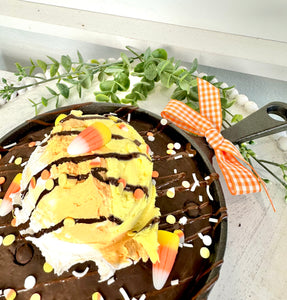 Decorative Faux Chocolate Skillet Cookie with Candy Corn Colored Ice Cream - 6" Mini Cast Iron Pan Decor