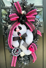 Whimsical Ghost Halloween Door Swag – Handmade Pink & Black Decor with Ribbon & Plush Accent for Front Door or Wall Display TCT Crafts