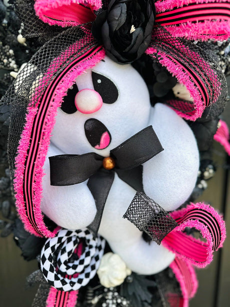 Whimsical Ghost Halloween Door Swag – Handmade Pink & Black Decor with Ribbon & Plush Accent for Front Door or Wall Display TCT Crafts