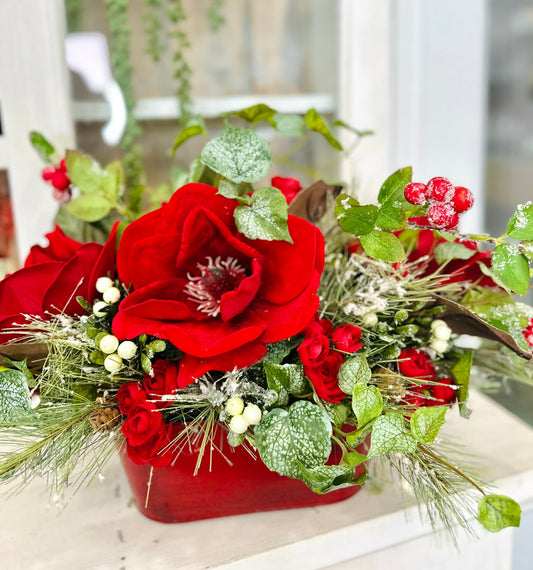 Red Velvet Magnolia Christmas Centerpiece with Berries, Frosted Ivy & Flocked Pine – Holiday Table Decor TCT Crafts