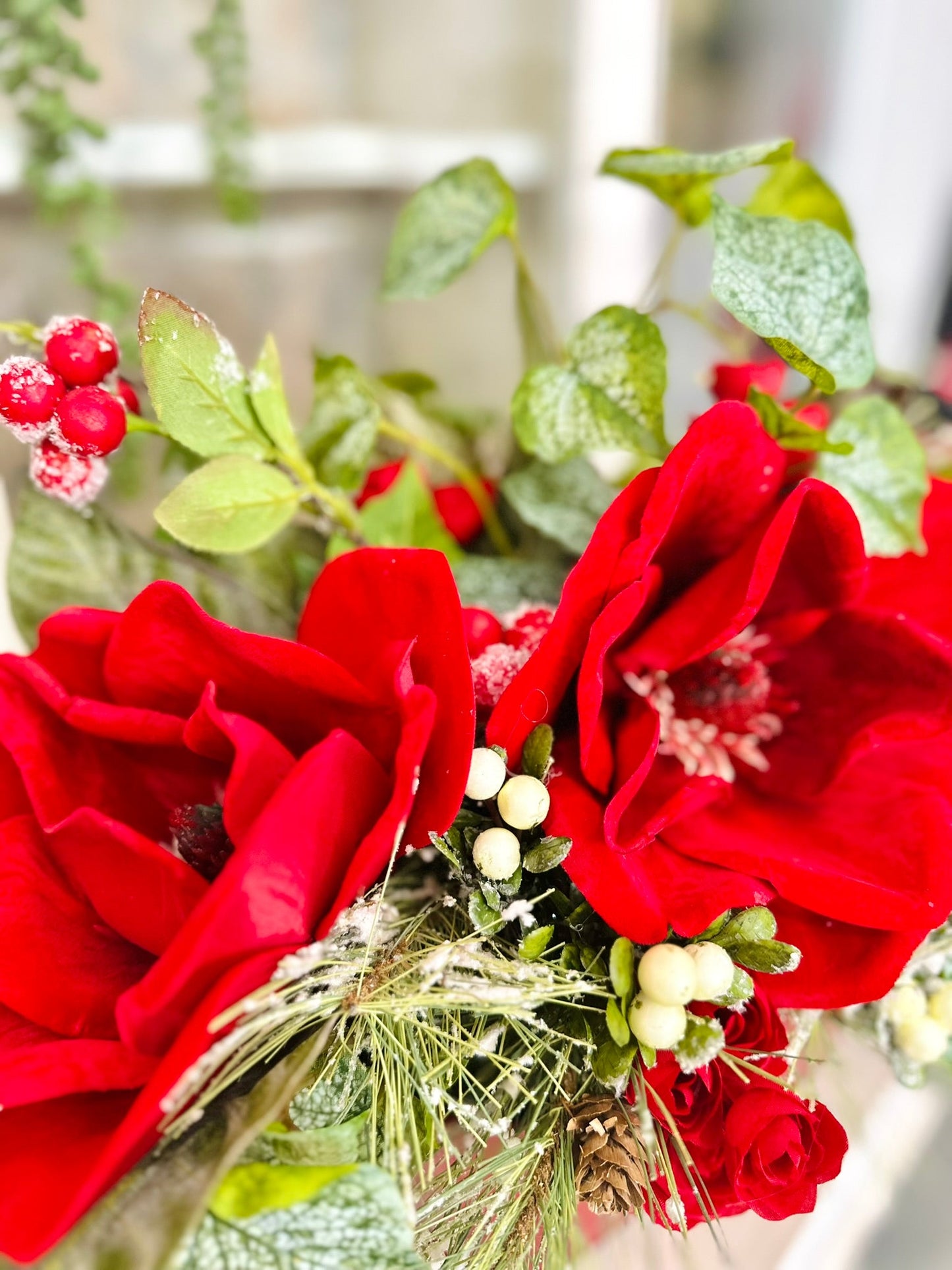 Red Velvet Magnolia Christmas Centerpiece with Berries, Frosted Ivy & Flocked Pine – Holiday Table Decor TCT Crafts