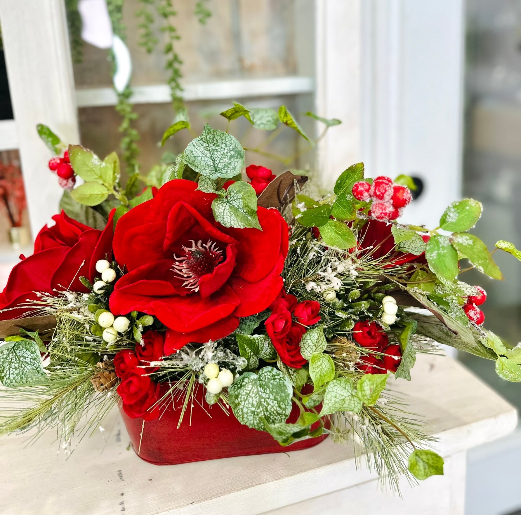 Red Velvet Magnolia Christmas Centerpiece with Berries, Frosted Ivy & Flocked Pine – Holiday Table Decor TCT Crafts