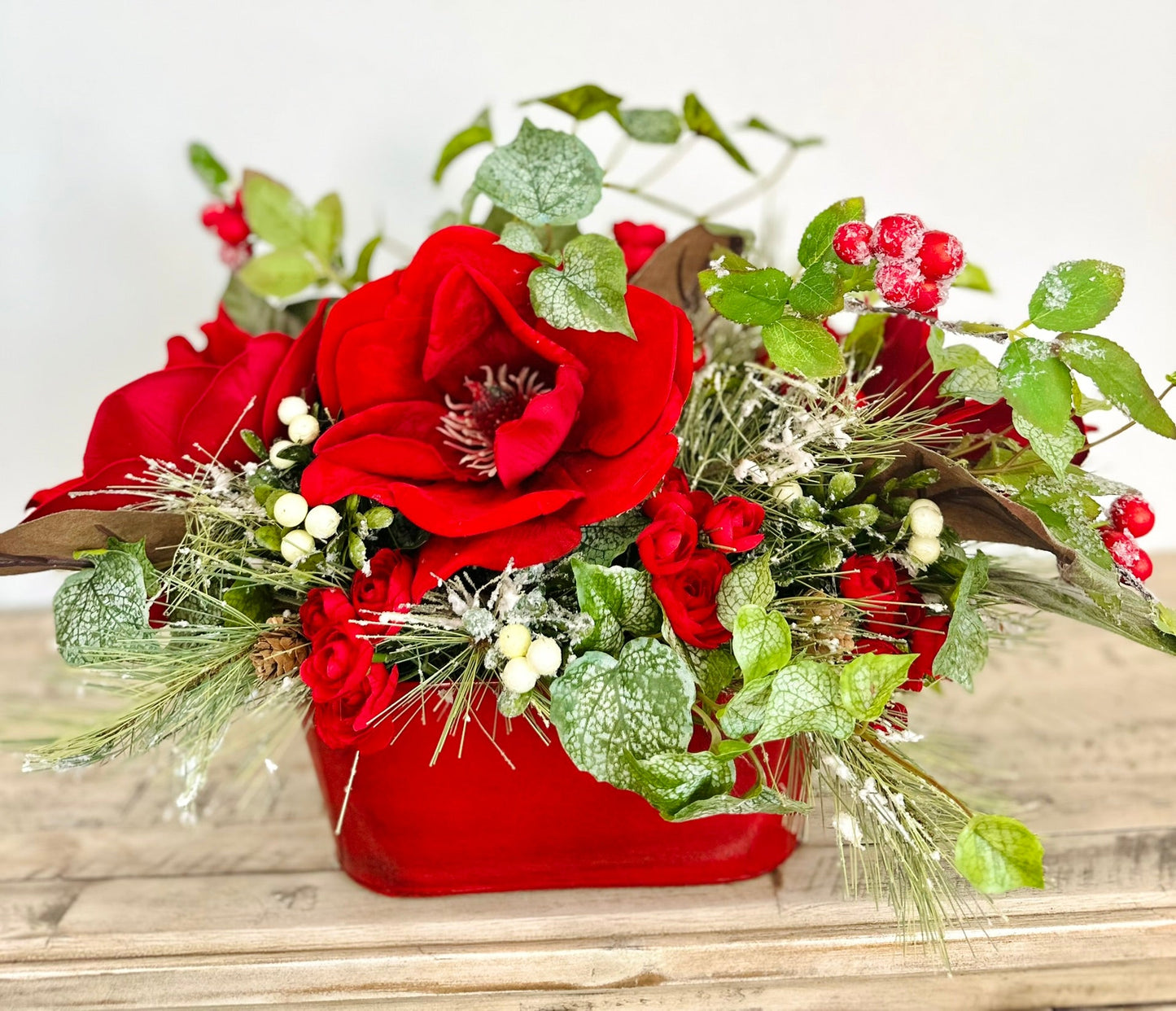 Red Velvet Magnolia Christmas Centerpiece with Berries, Frosted Ivy & Flocked Pine – Holiday Table Decor TCT Crafts