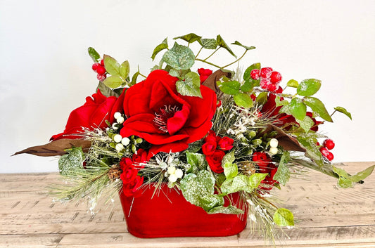 Red Velvet Magnolia Christmas Centerpiece with Berries, Frosted Ivy & Flocked Pine – Holiday Table Decor TCT Crafts