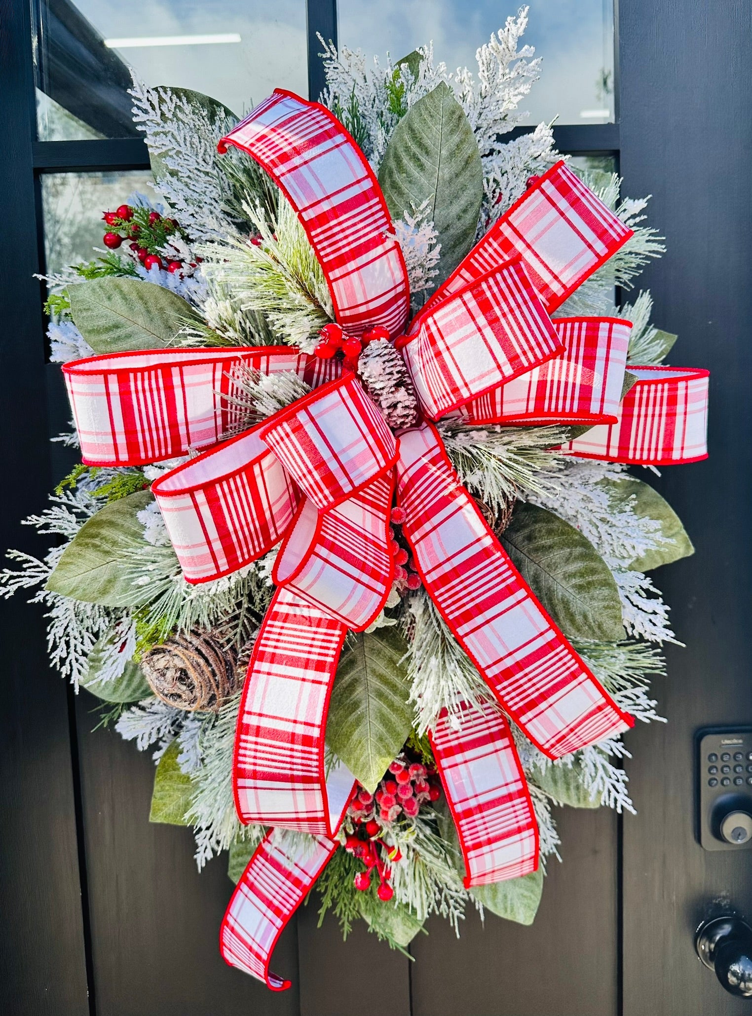 Red/White Christmas Door Swag with Red Berries and Flocked Pine Decor-TCT1577 TCT Crafts