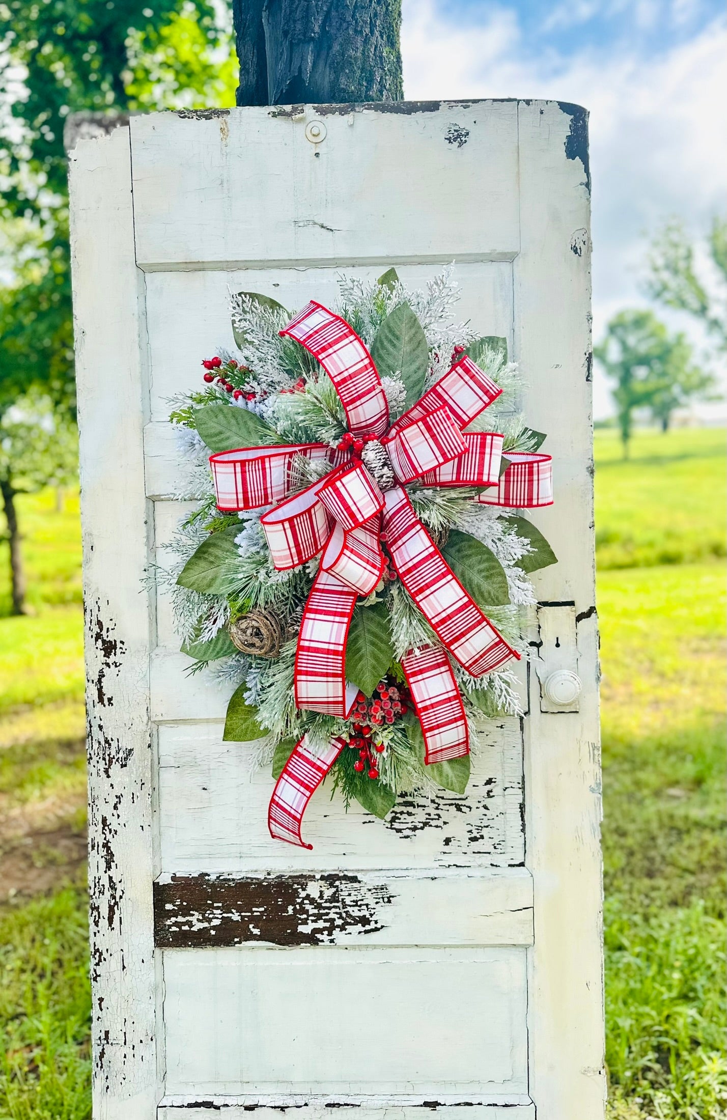 Red/White Christmas Door Swag with Red Berries and Flocked Pine Decor-TCT1577 TCT Crafts