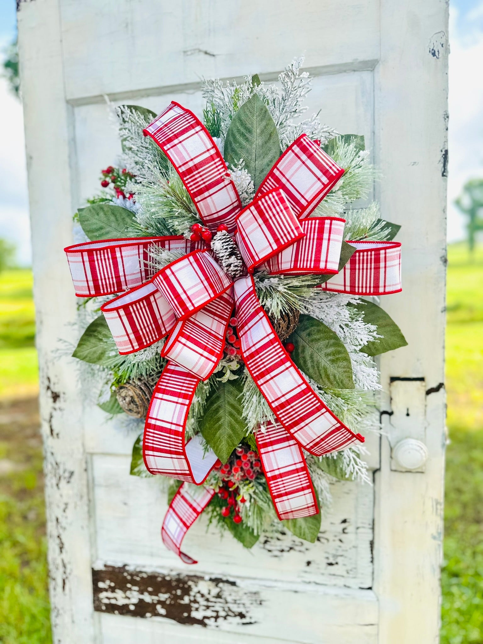 Red/White Christmas Door Swag with Red Berries and Flocked Pine Decor-TCT1577 TCT Crafts