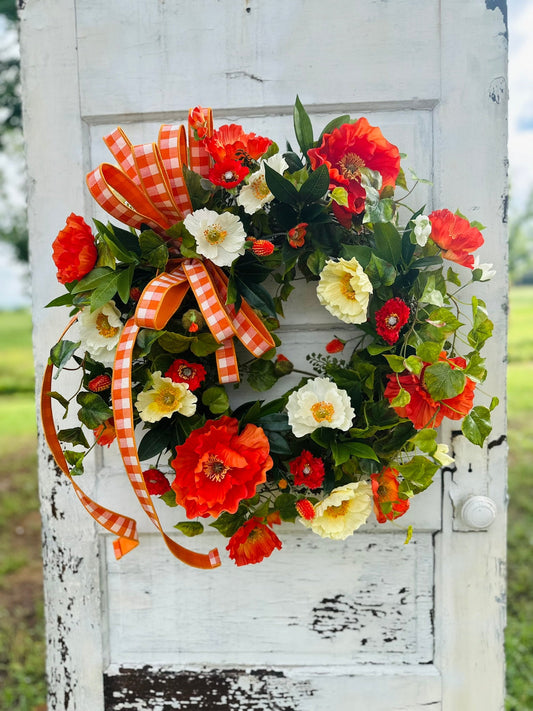 28" Summer Poppy Grapevine Wreath with Real Touch Ivy & Ribbon TCT Crafts