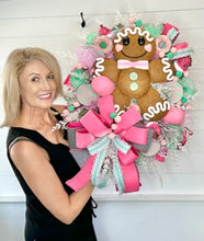 Load image into Gallery viewer, Christmas Holiday Wreath - Pink Mint Green White - Front Door Wreath-Gingerbread Theme - Velvet Ribbon - Glitter Sprays - TCT1681