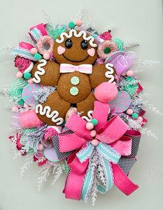 Christmas Holiday Wreath - Pink Mint Green White - Front Door Wreath-Gingerbread Theme - Velvet Ribbon - Glitter Sprays - TCT1681