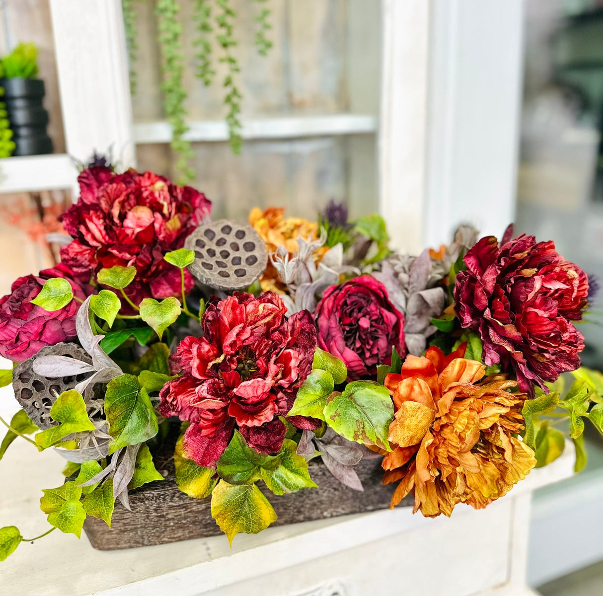 Fall Peony & Rose Arrangement | Artificial Autumn Centerpiece in Rustic Wood Tray TCT Crafts