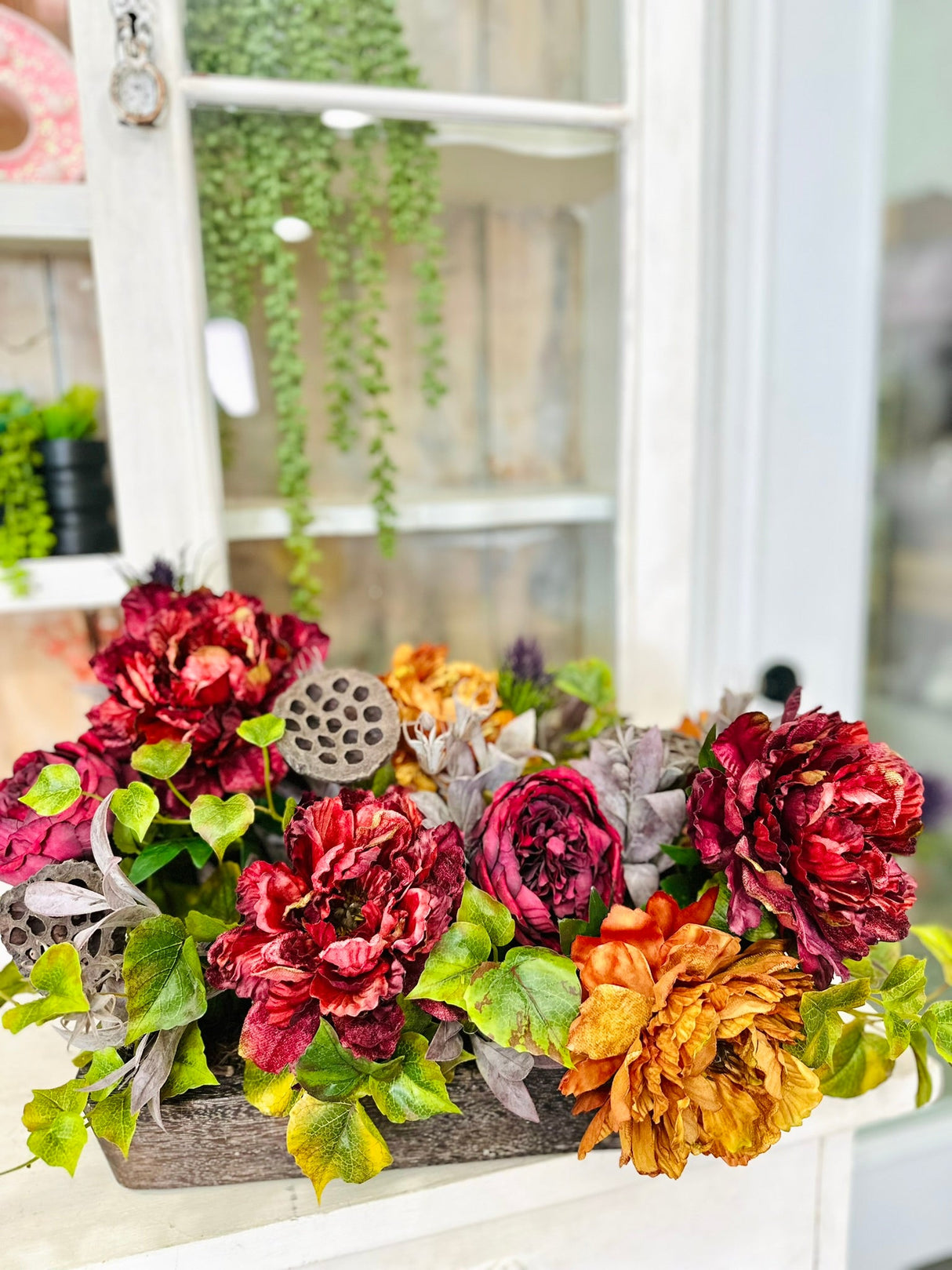 Fall Peony & Rose Arrangement | Artificial Autumn Centerpiece in Rustic Wood Tray TCT Crafts