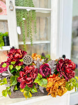 Fall Peony & Rose Arrangement | Artificial Autumn Centerpiece in Rustic Wood Tray TCT Crafts