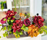 Fall Peony & Rose Arrangement | Artificial Autumn Centerpiece in Rustic Wood Tray TCT Crafts