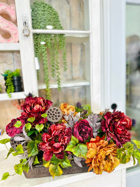Fall Peony & Rose Arrangement | Artificial Autumn Centerpiece in Rustic Wood Tray TCT Crafts
