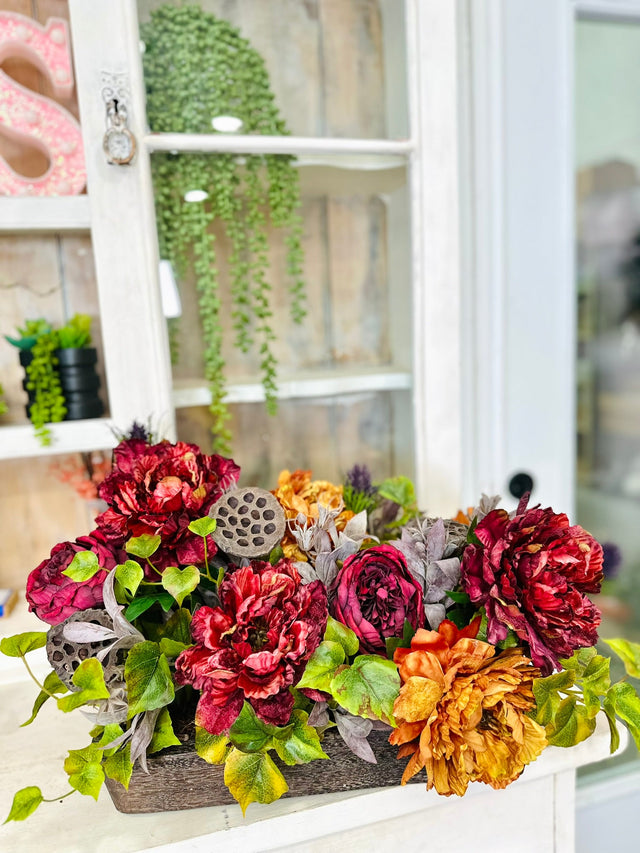 Fall Peony & Rose Arrangement | Artificial Autumn Centerpiece in Rustic Wood Tray TCT Crafts