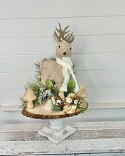 Load image into Gallery viewer, Rustic Christmas Centerpiece with Foam Deer in Knitted Scarf, Fuzzy Owl, Glittered Squirrel on Wooden Board, Mushrooms and Pine Decor