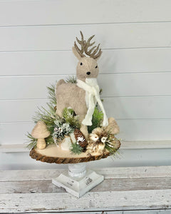Rustic Christmas Centerpiece with Foam Deer in Knitted Scarf, Fuzzy Owl, Glittered Squirrel on Wooden Board, Mushrooms and Pine Decor