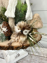 Load image into Gallery viewer, Rustic Christmas Centerpiece with Foam Deer in Knitted Scarf, Fuzzy Owl, Glittered Squirrel on Wooden Board, Mushrooms and Pine Decor