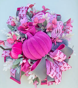 Breast Cancer Awareness Pink Pumpkin Wreath - Handcrafted Pink Ribbon Decor - Hope and Support-TCT1684