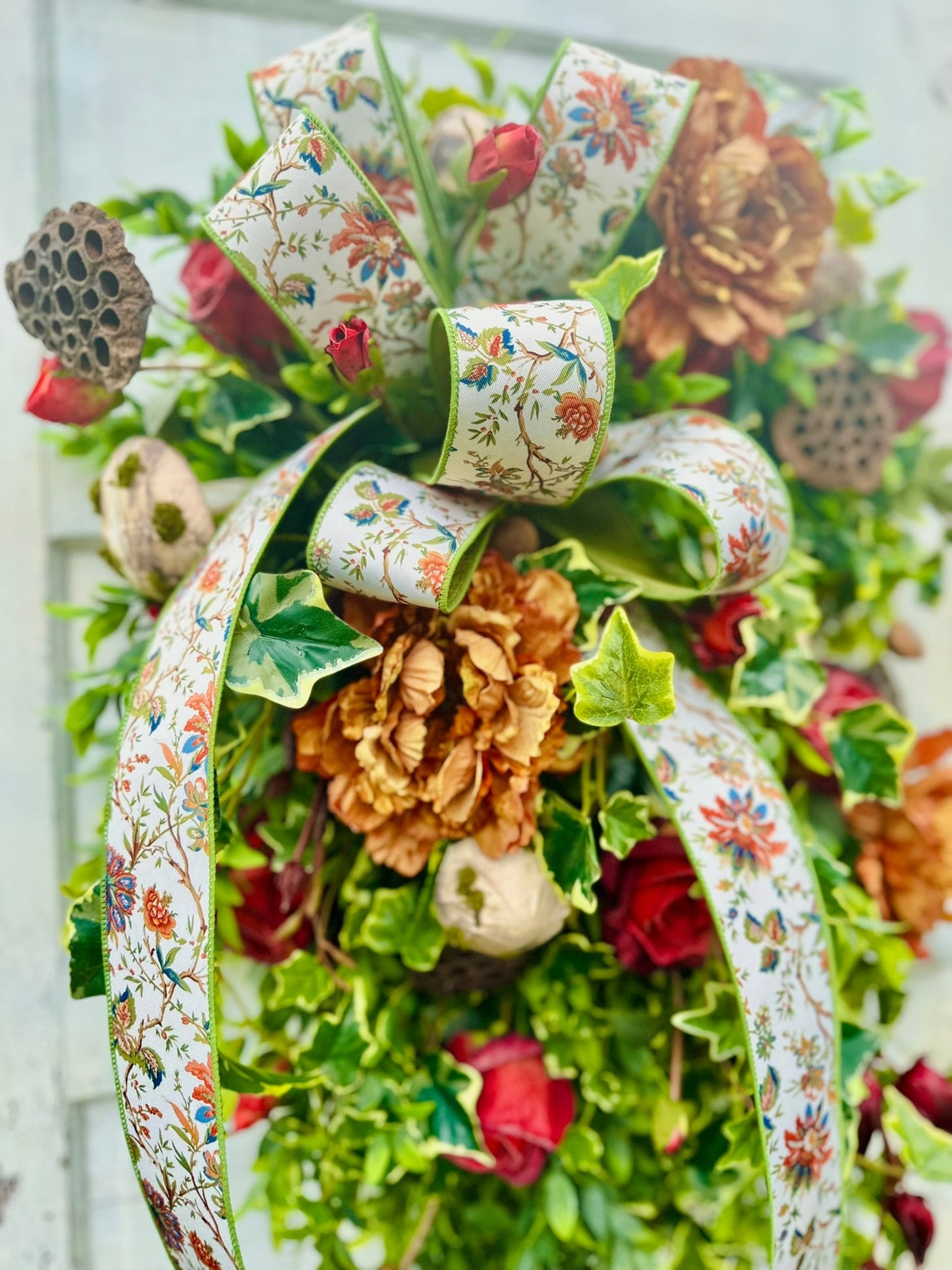 XL Fall Grapevine Wreath with Peonies, Mushrooms, Ruscus & Ribbon – Enchanted Autumn Door Decor TCTCrafts