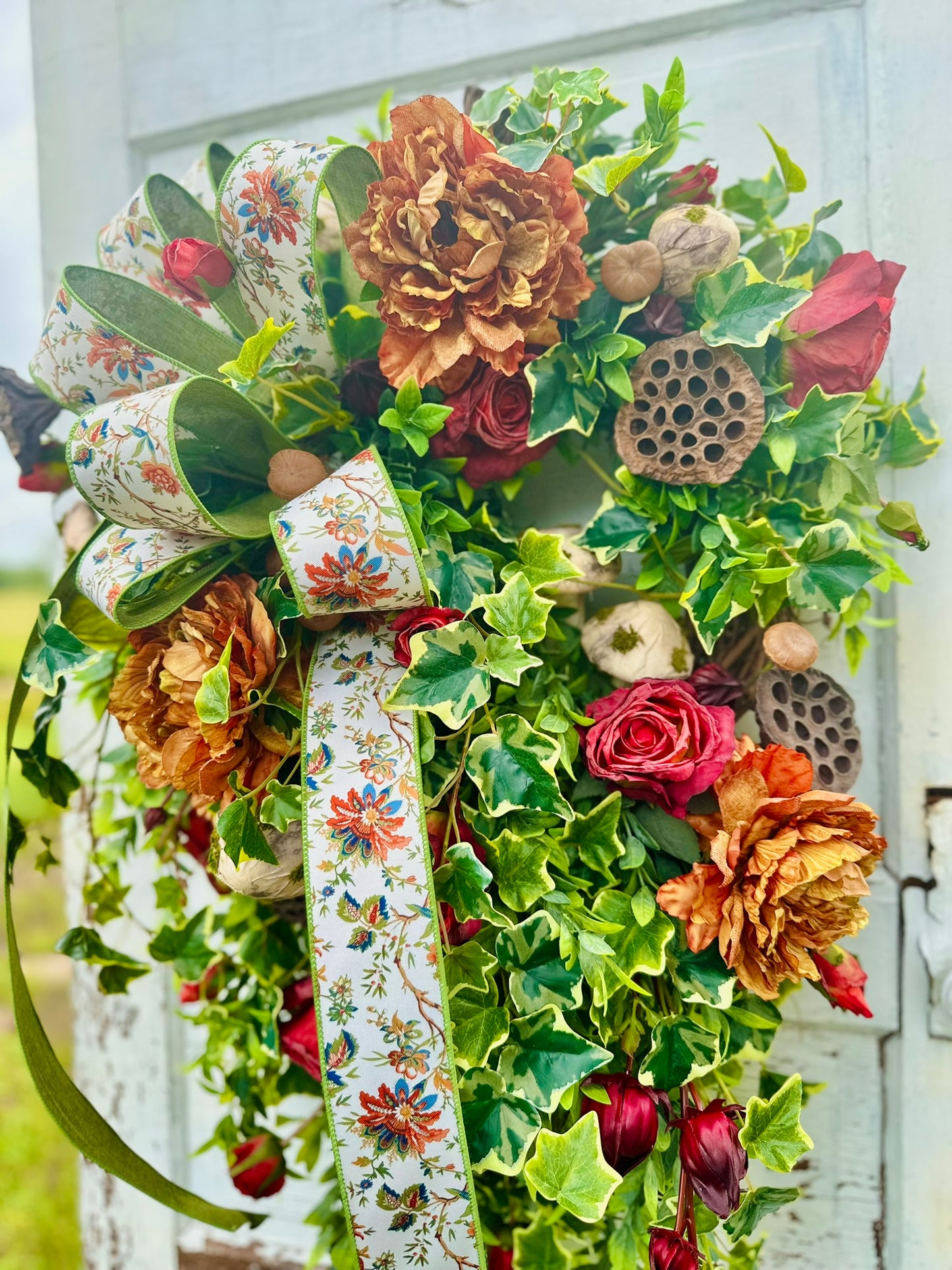 XL Fall Grapevine Wreath with Peonies, Mushrooms, Ruscus & Ribbon – Enchanted Autumn Door Decor TCTCrafts