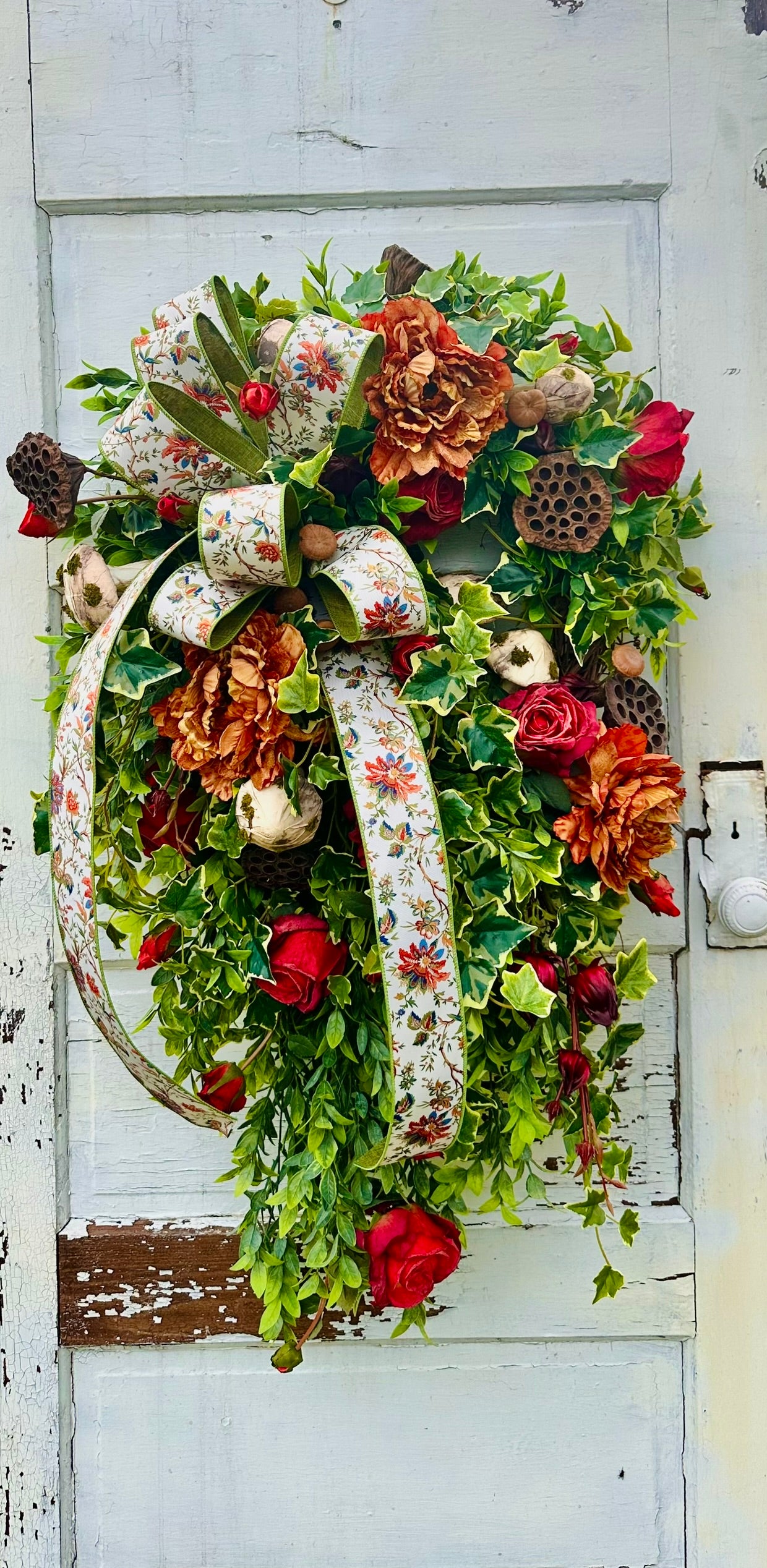 XL Fall Grapevine Wreath with Peonies, Mushrooms, Ruscus & Ribbon – Enchanted Autumn Door Decor TCTCrafts