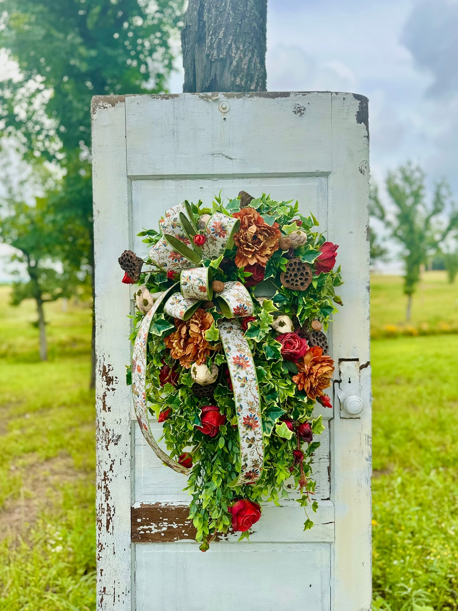 XL Fall Grapevine Wreath with Peonies, Mushrooms, Ruscus & Ribbon – Enchanted Autumn Door Decor TCTCrafts