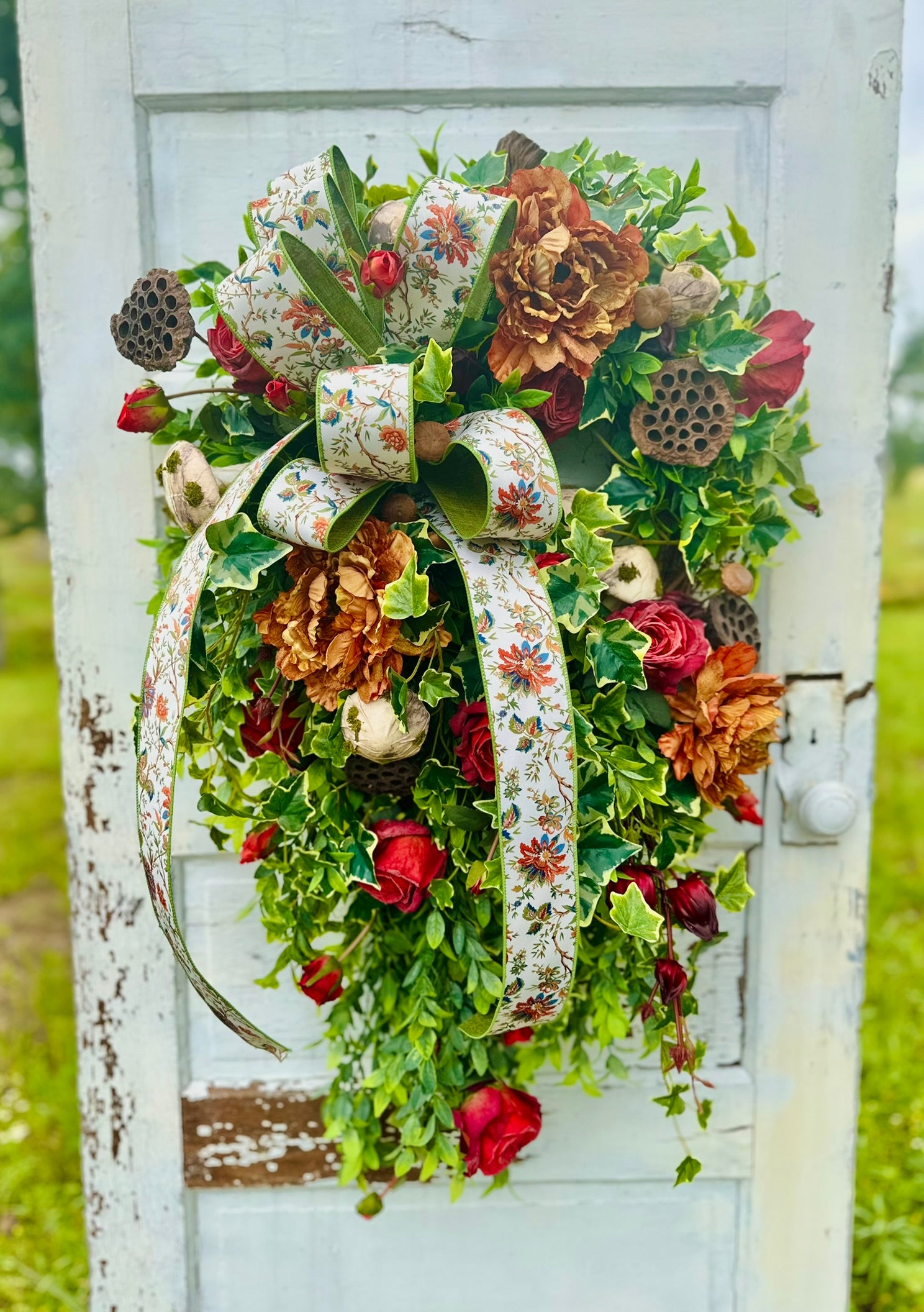XL Fall Grapevine Wreath with Peonies, Mushrooms, Ruscus & Ribbon – Enchanted Autumn Door Decor TCTCrafts