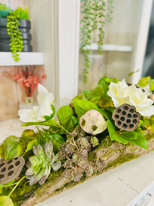 Rustic Bark Floral Arrangement with Roses, Mushrooms, and Succulents – Woodland Table Centerpiece TCT Crafts