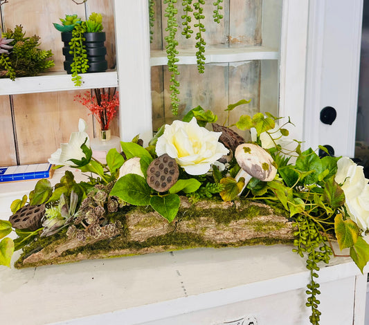 Rustic Bark Floral Arrangement with Roses, Mushrooms, and Succulents – Woodland Table Centerpiece TCT Crafts