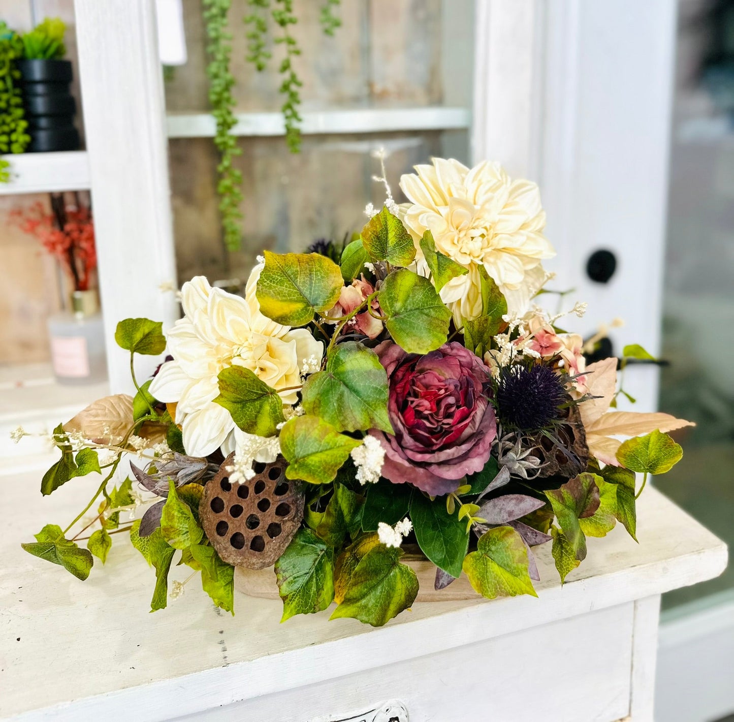 Fall Floral Centerpiece with Cream Dahlias & Burgundy Roses – Autumn Home Decor TCT Crafts