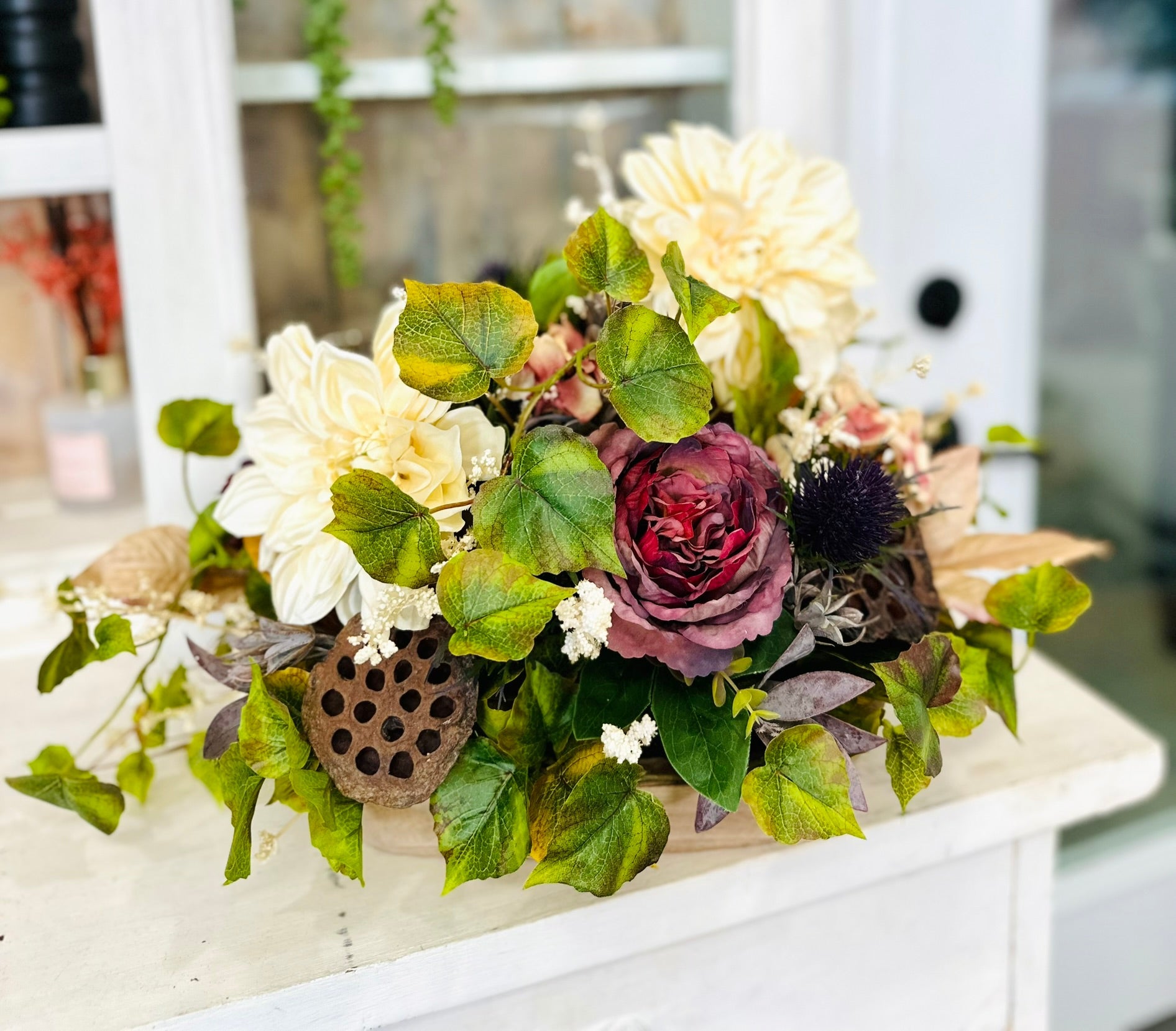 Fall Floral Centerpiece with Cream Dahlias & Burgundy Roses – Autumn Home Decor TCT Crafts