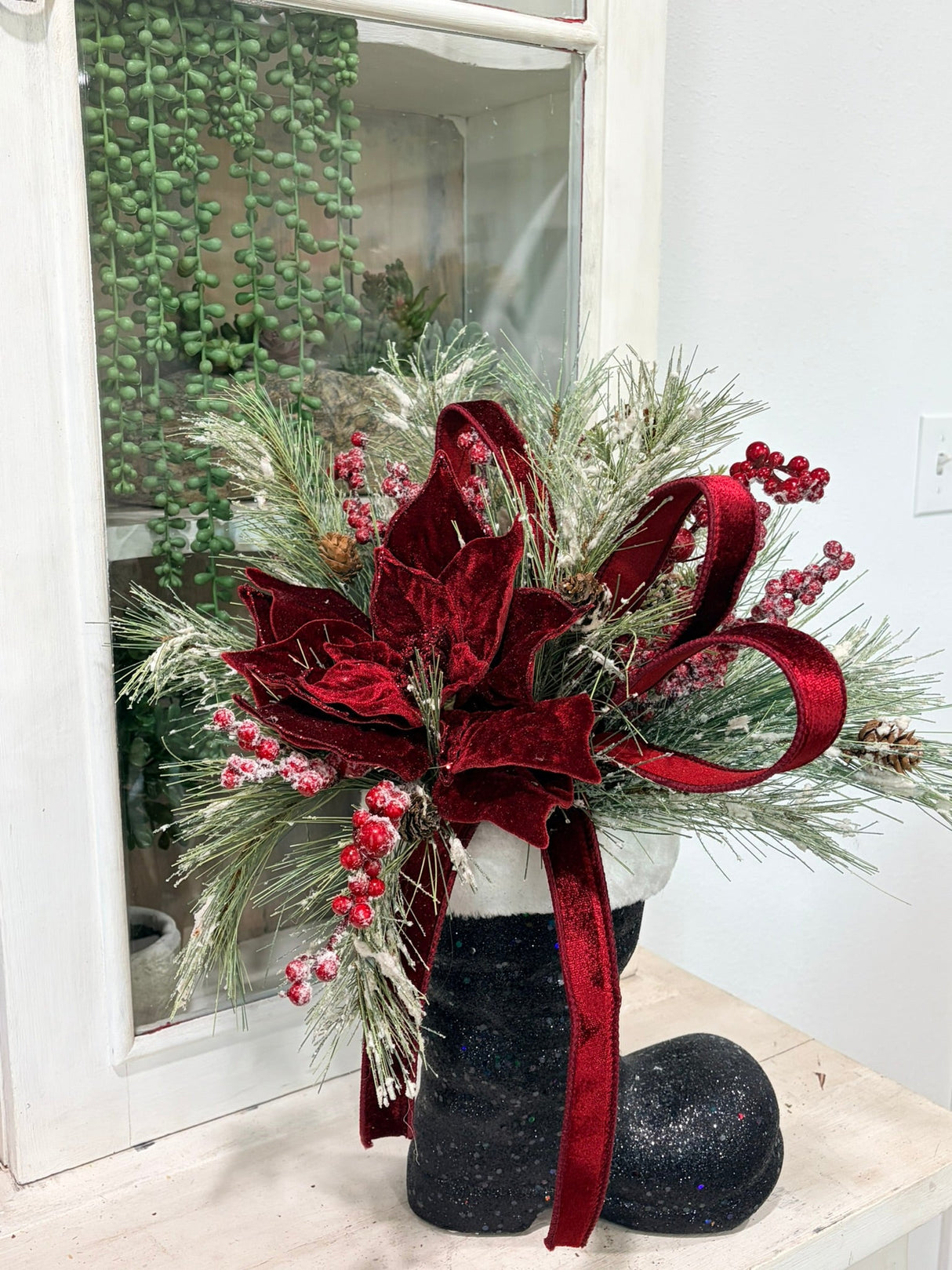 Burgundy Poinsettia Pine Santa Boot Arrangement – 20" Elegant Holiday Floral Decor TCT Crafts