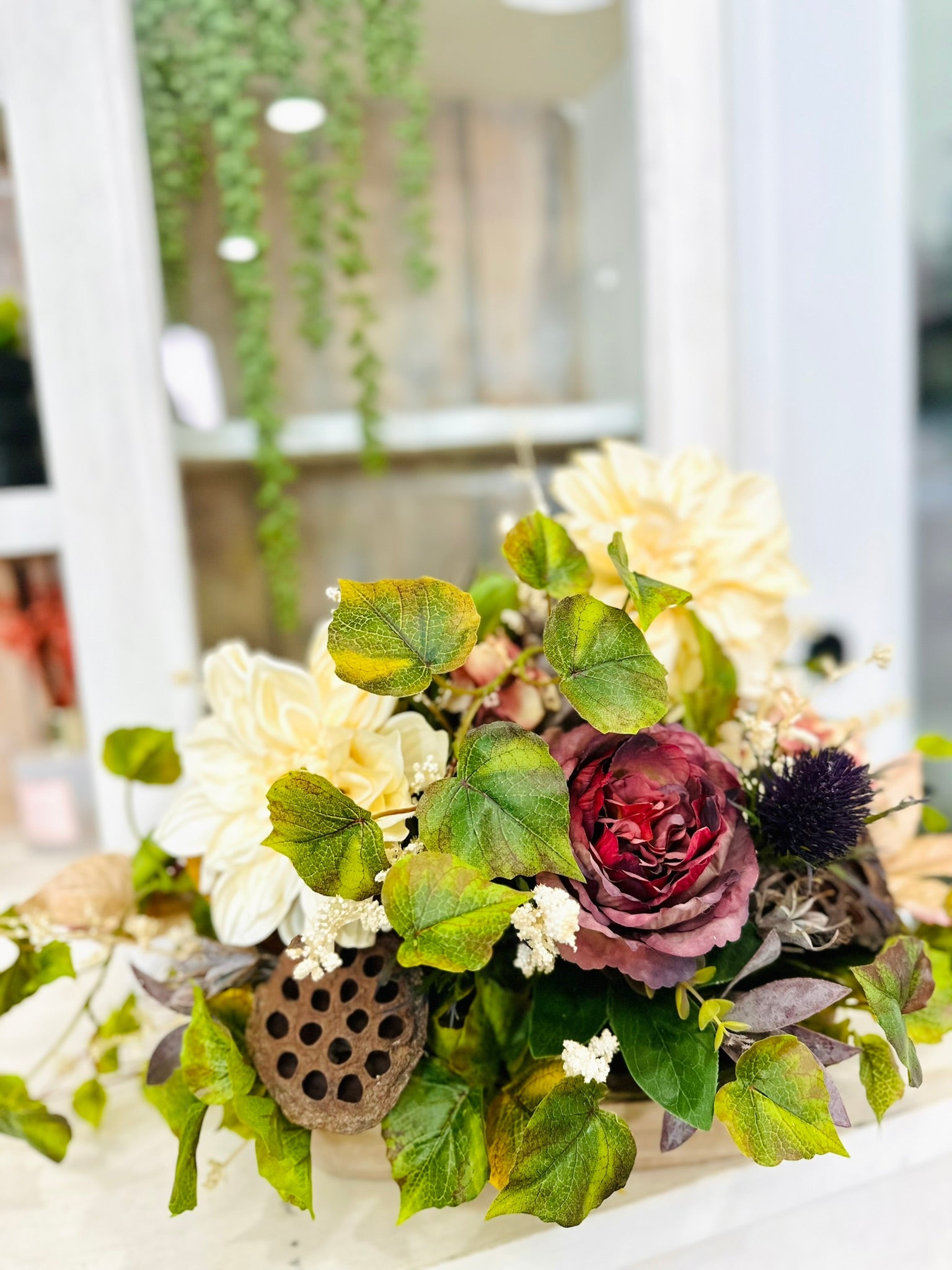 Fall Floral Centerpiece with Cream Dahlias & Burgundy Roses – Autumn Home Decor TCT Crafts