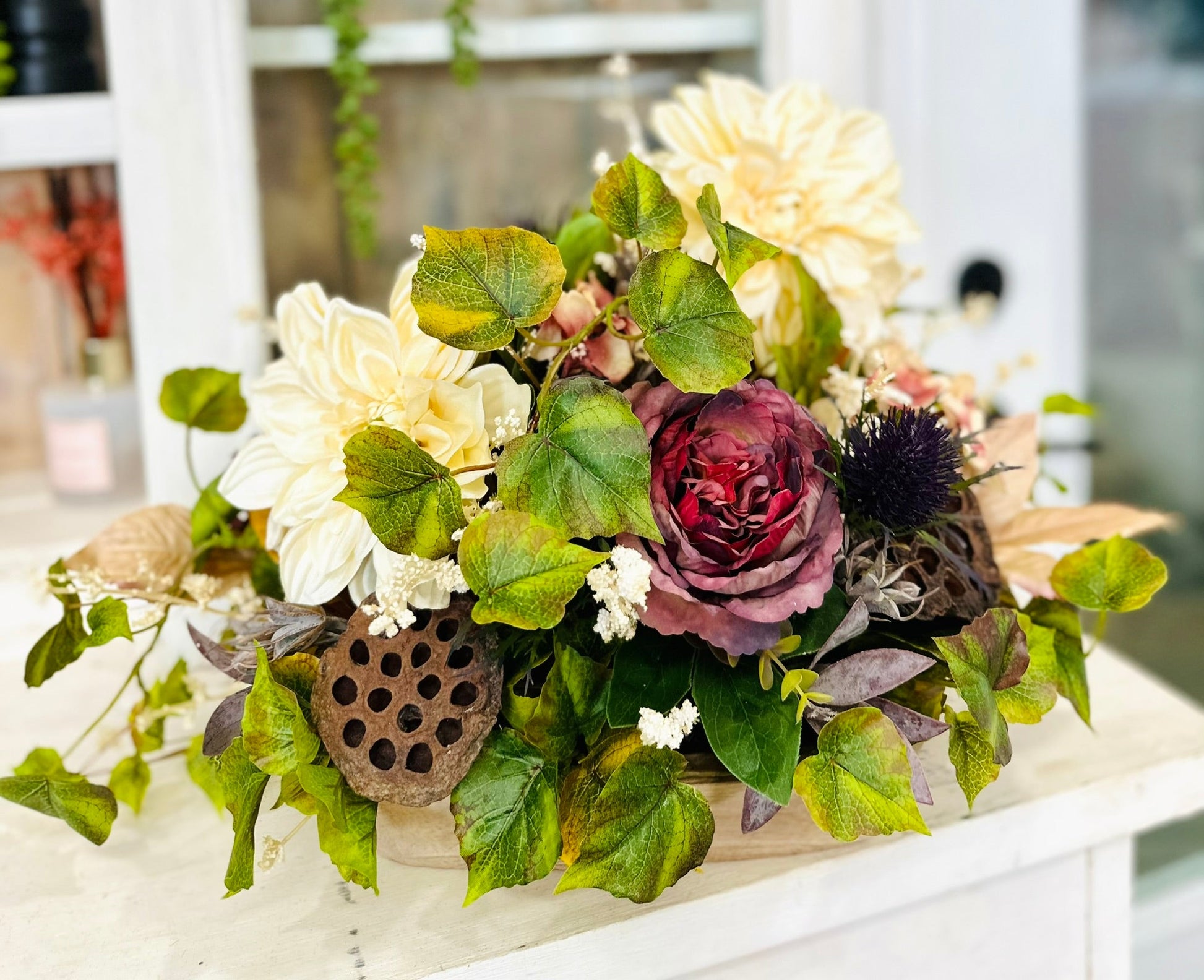 Fall Floral Centerpiece with Cream Dahlias & Burgundy Roses – Autumn Home Decor TCT Crafts