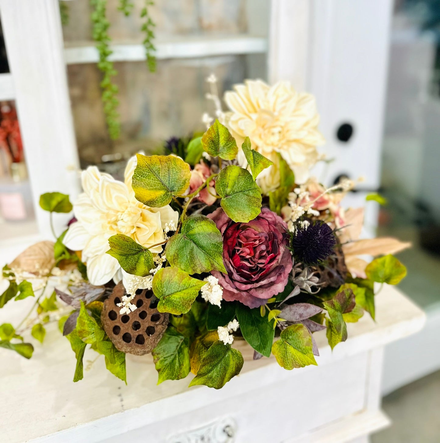Fall Floral Centerpiece with Cream Dahlias & Burgundy Roses – Autumn Home Decor TCT Crafts