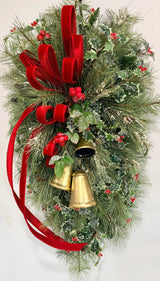 XL Designer Holly & Pine Bell Swag- Rustic Elegant Winter Front Door Decor, 40x25, Christmas Swag with Red Velvet Bow and Bells TCT Crafts