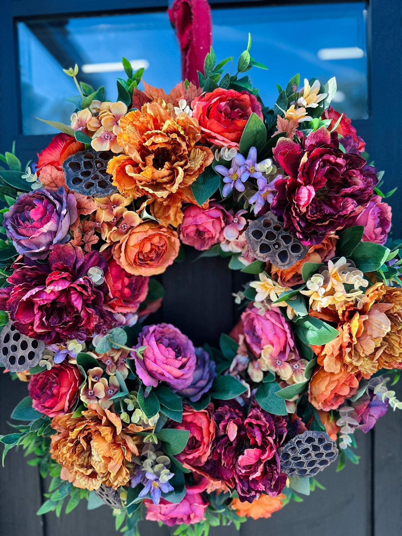 Fall Grapevine Wreath with Orange and Burgundy Faux Flowers – Autumn Front Door Decor TCTCrafts