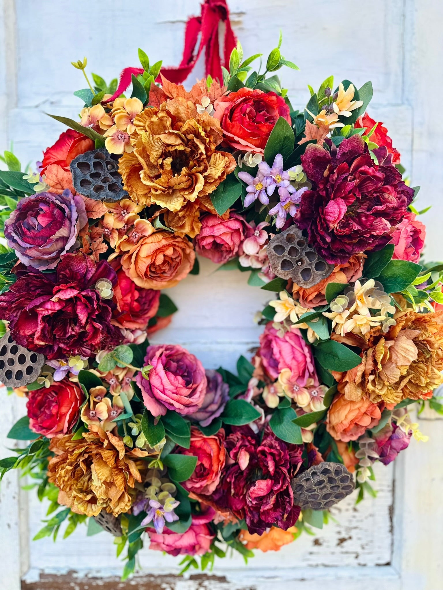Fall Grapevine Wreath with Orange and Burgundy Faux Flowers – Autumn Front Door Decor TCTCrafts