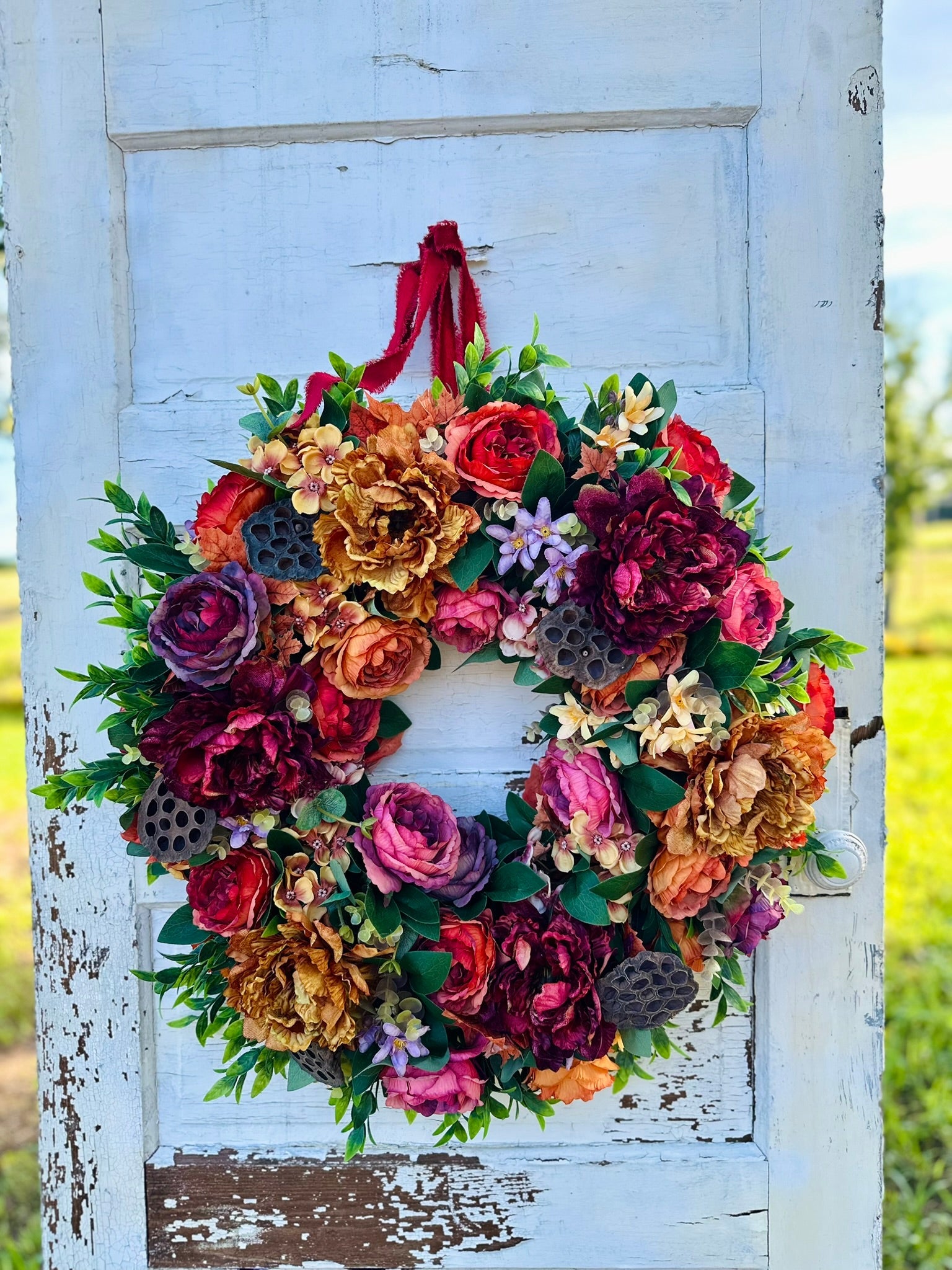Fall Grapevine Wreath with Orange and Burgundy Faux Flowers – Autumn Front Door Decor TCTCrafts