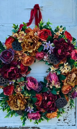Fall Grapevine Wreath with Orange and Burgundy Faux Flowers – Autumn Front Door Decor TCTCrafts