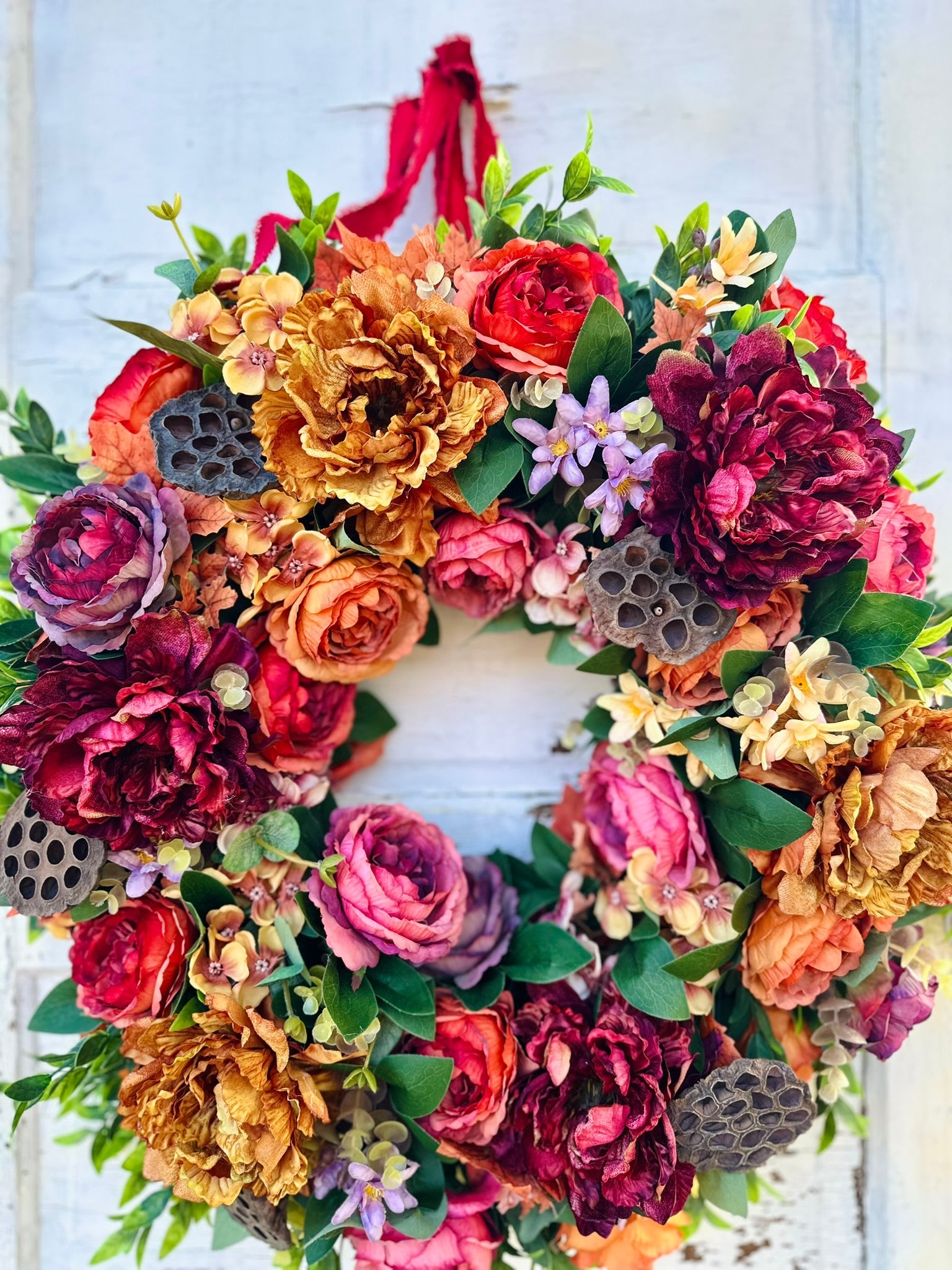 Fall Grapevine Wreath with Orange and Burgundy Faux Flowers – Autumn Front Door Decor TCTCrafts