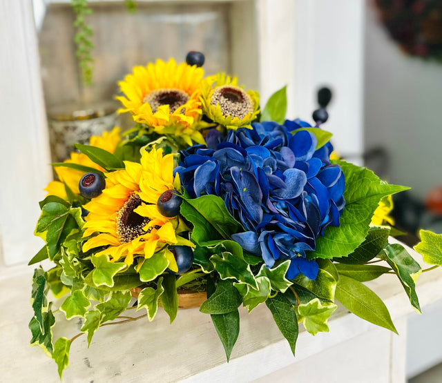 Sunflower & Blue Hydrangea Table Arrangement – Summer to Fall Real Touch Floral Decor TCT Crafts