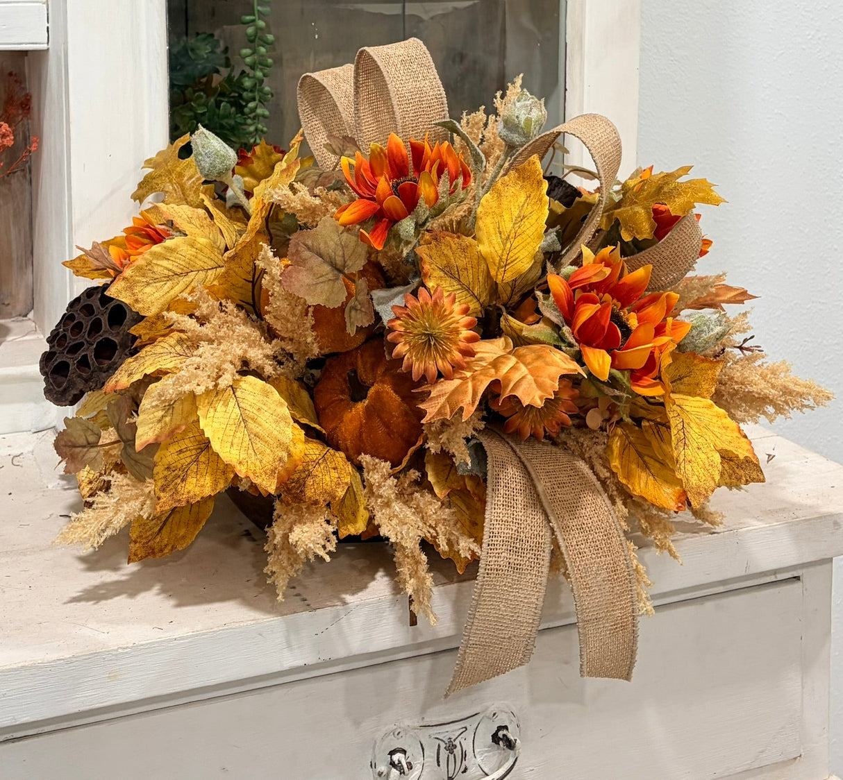 Fall Sunflower Centerpiece — 18 Inch Pumpkin Autumn Arrangement with Burlap Bow TCT Crafts
