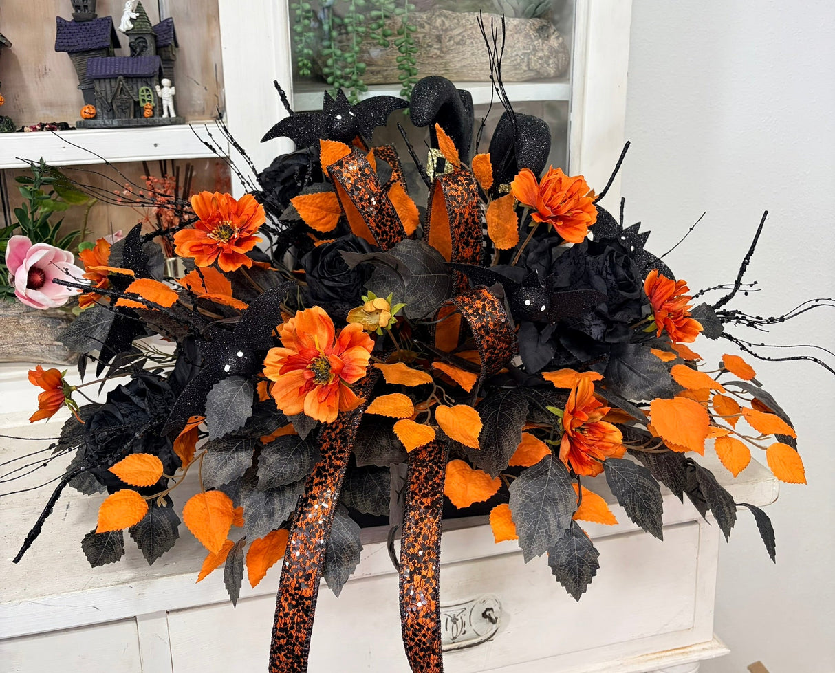 Halloween Witch Legs Centerpiece — 27 Inch Orange Black Bat Rose Arrangement TCT Crafts