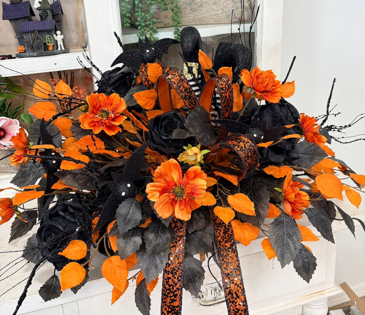 Halloween Witch Legs Centerpiece — 27 Inch Orange Black Bat Rose Arrangement TCT Crafts