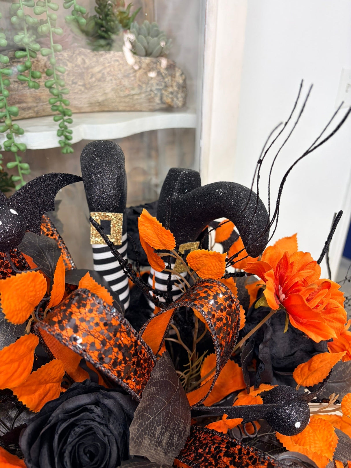 Halloween Witch Legs Centerpiece — 27 Inch Orange Black Bat Rose Arrangement TCT Crafts